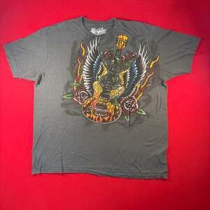 Rockit Ed Hardy Style Gray Flaming Guitar Skull Roses Design TShirt Mens Size XL